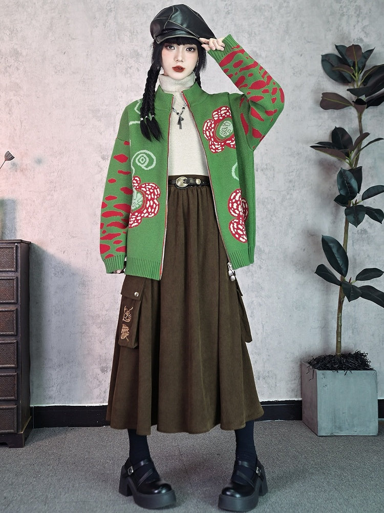 Chinese Pockets Cargo Skirt - Leaf Brown Motif with Embroidery Style