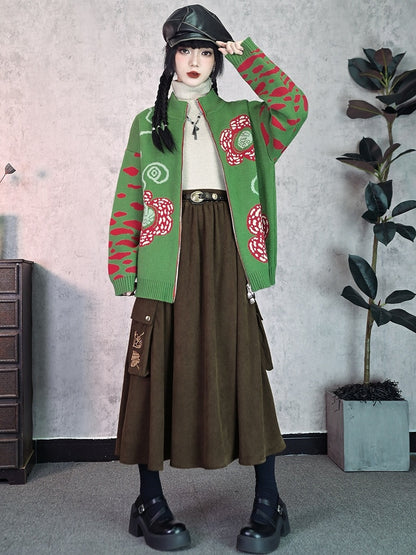 Chinese Pockets Cargo Skirt - Leaf Brown Motif with Embroidery Style
