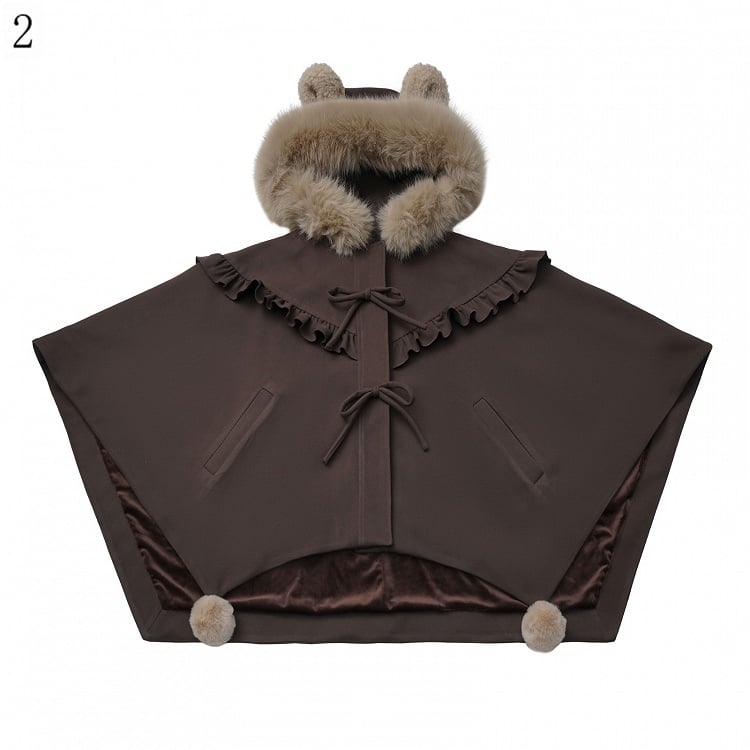Pompon with Brown - Bear Plush Hooded Ear Accents Cape Hood Ruffle Trim Edging