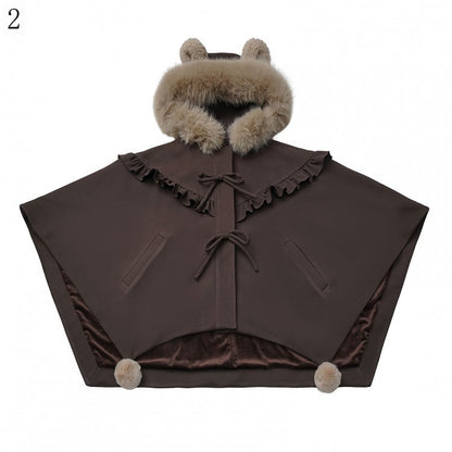 Pompon with Brown - Bear Plush Hooded Ear Accents Cape Hood Ruffle Trim Edging