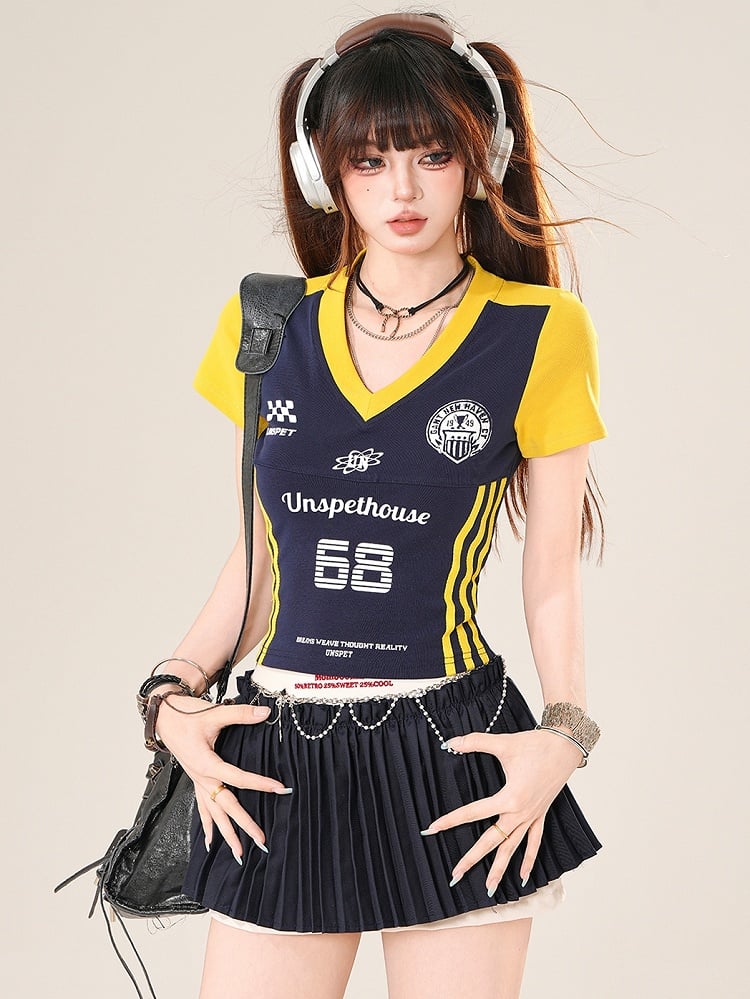 Vネックのビタースイートブルー/ピンクの文字Tシャツプリントナンバー