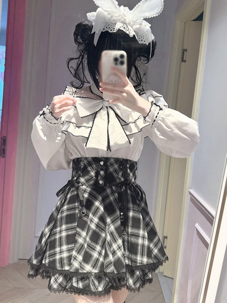 Monochrome Cutout Shoulder Long-Sleeve Bow Ruffle Blouse - YoshiKi