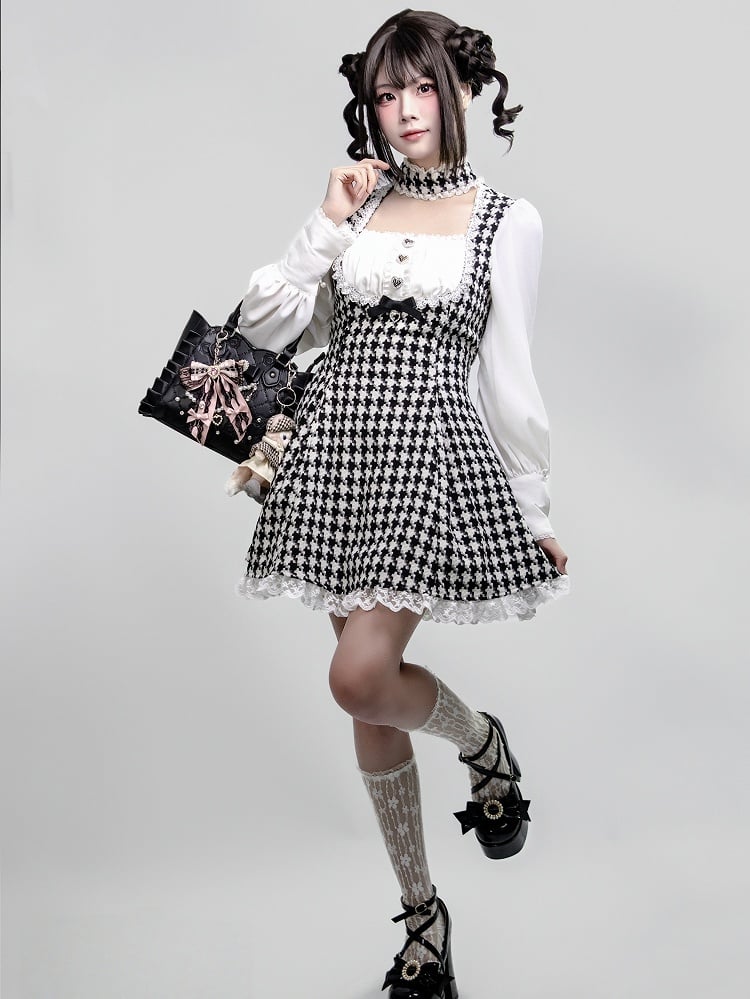 Kei Design Long One-Piece with White Details Black Dress Choker Houndstooth Jirai Lace Sleeve