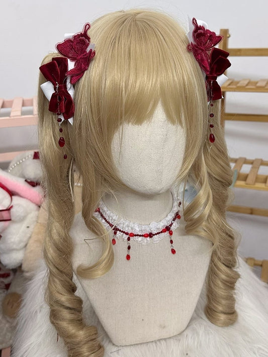 Red And Beads Butterfly Lolita Hairclip Gothic With White Bow