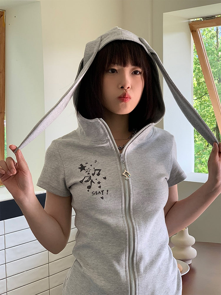 Light Hood and Music Bunny Ear Hoodie Graphic Note with Gray