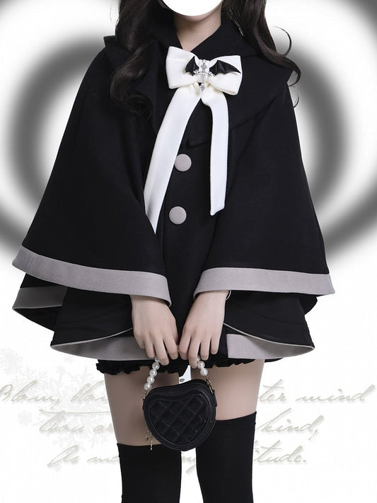 ブラック＆グレーの猫耳デザインフード付きマント