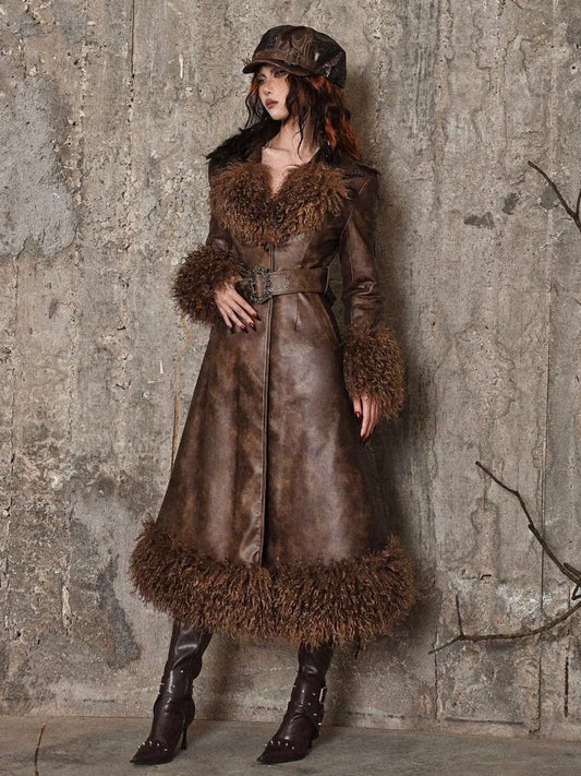 ブラウンのヴィンテージ マイラード 冬用パッド入りコート レザー生地