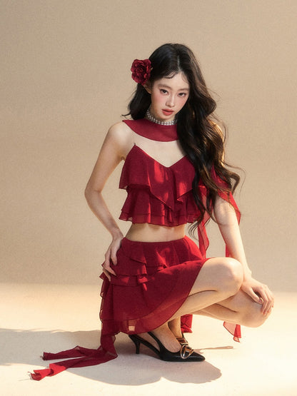 アシンメトリーフリルヘムスリムフィットミニティアードスカートレッドシフォン