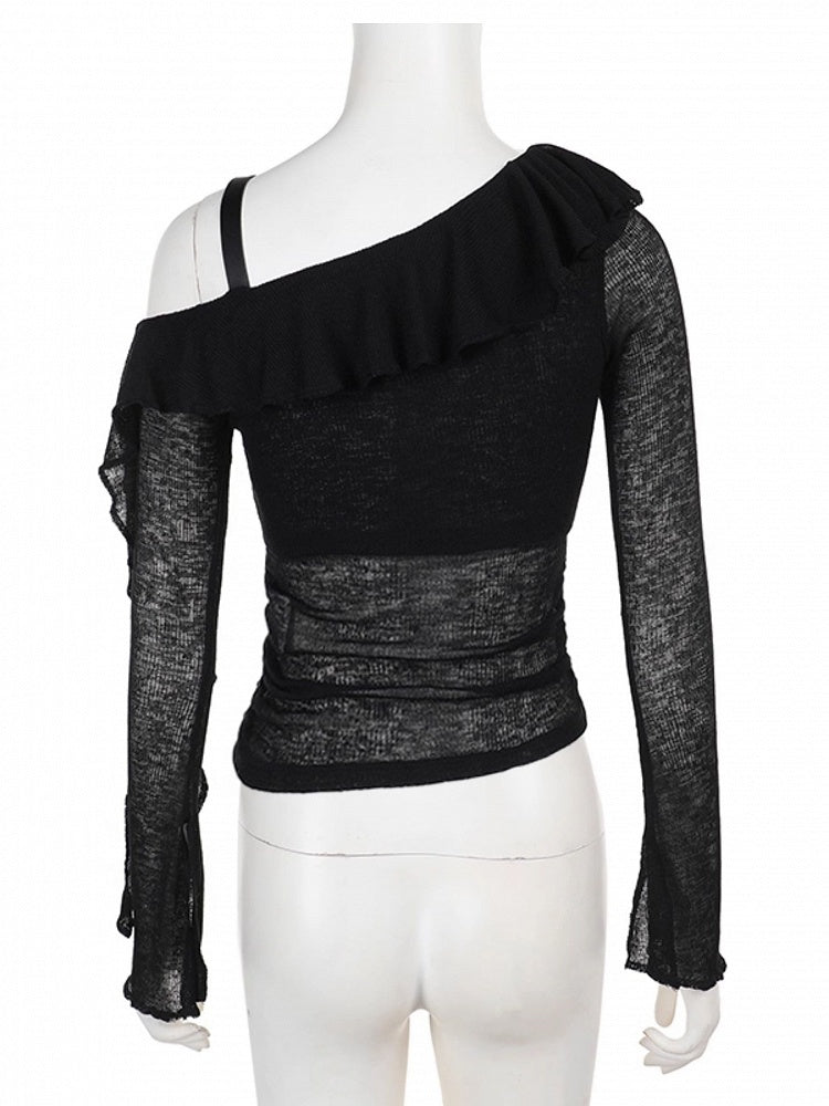 Strap Trim Print with Gothic Cross PU Top Neck Ruffle Halloween Asymmetrical Black