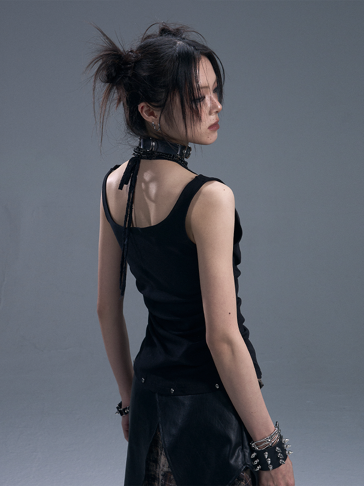 Accents Faux Lace Knit Vest Halter Two-Piece Punk With Black Stud