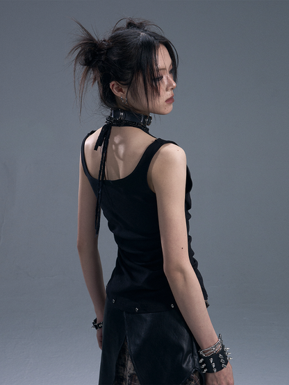 Accents Faux Lace Knit Vest Halter Two-Piece Punk With Black Stud