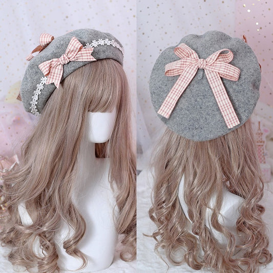 Gray Bowknot Cute With Pink Lolita Beret Decoration Daisy