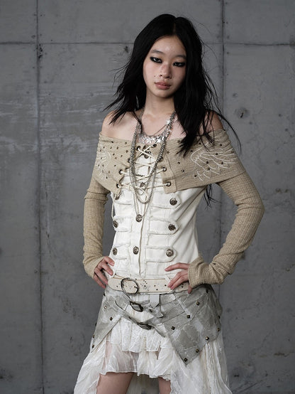 Studded Wing Khaki with Punk Panels Denim Embroidery Knit White Top Off-Shoulder