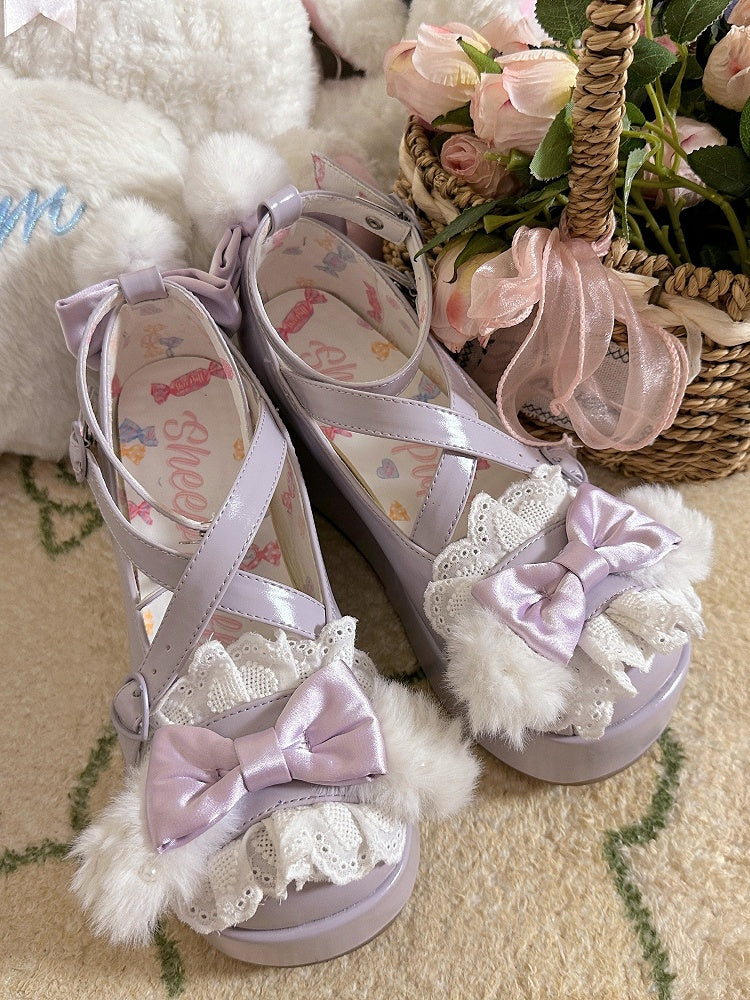Pompon Ear With Plush Design Bow Crisscross Bunny Top Purple Decorated Platforms at