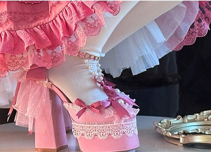Pink Bows Lace Trim Rhinestone Ankle Strap Block Heel Hime Lolita Shoes with Beaded Chains