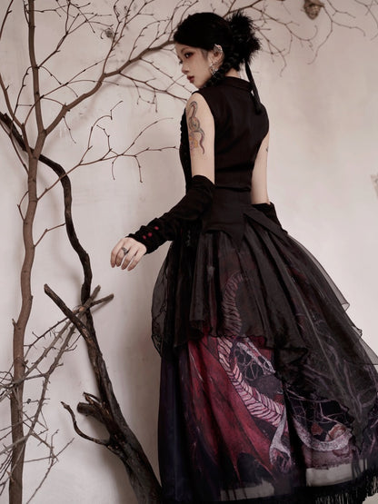 Black Gothic Dragon Embroidery Sleeveless Top Cutout Detail