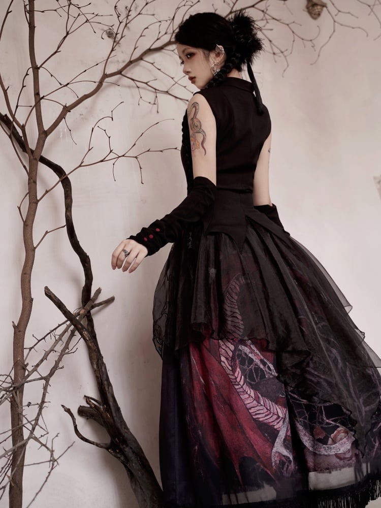 不規則な刺繍オーバーレイ付きブラックドラゴンスカート