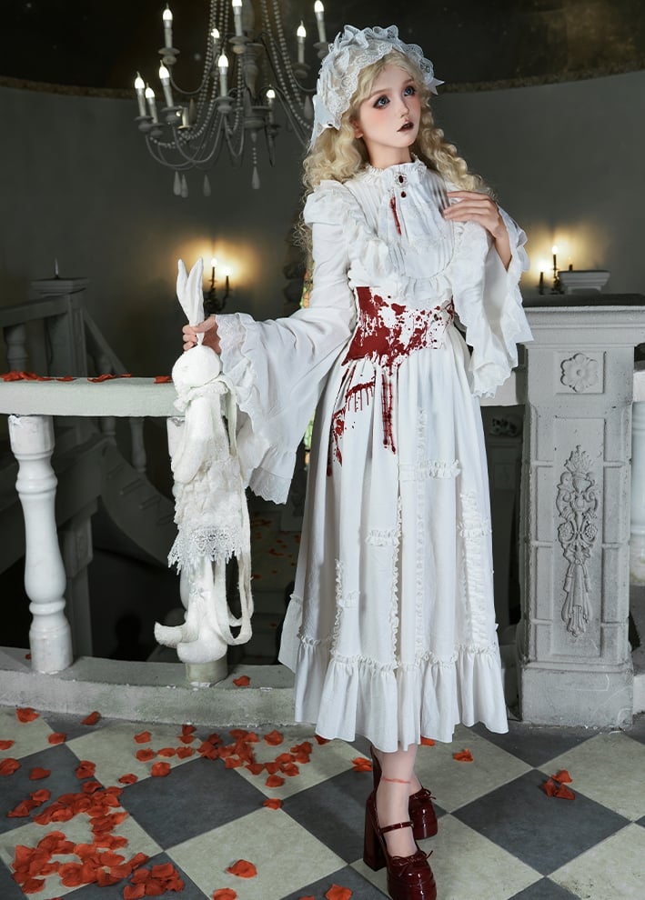 Glocke Gothic Lang Asymmetrisch - Version Korsett Brosche Lolita Gürtel Ärmel OP Jabot Weiß + Set