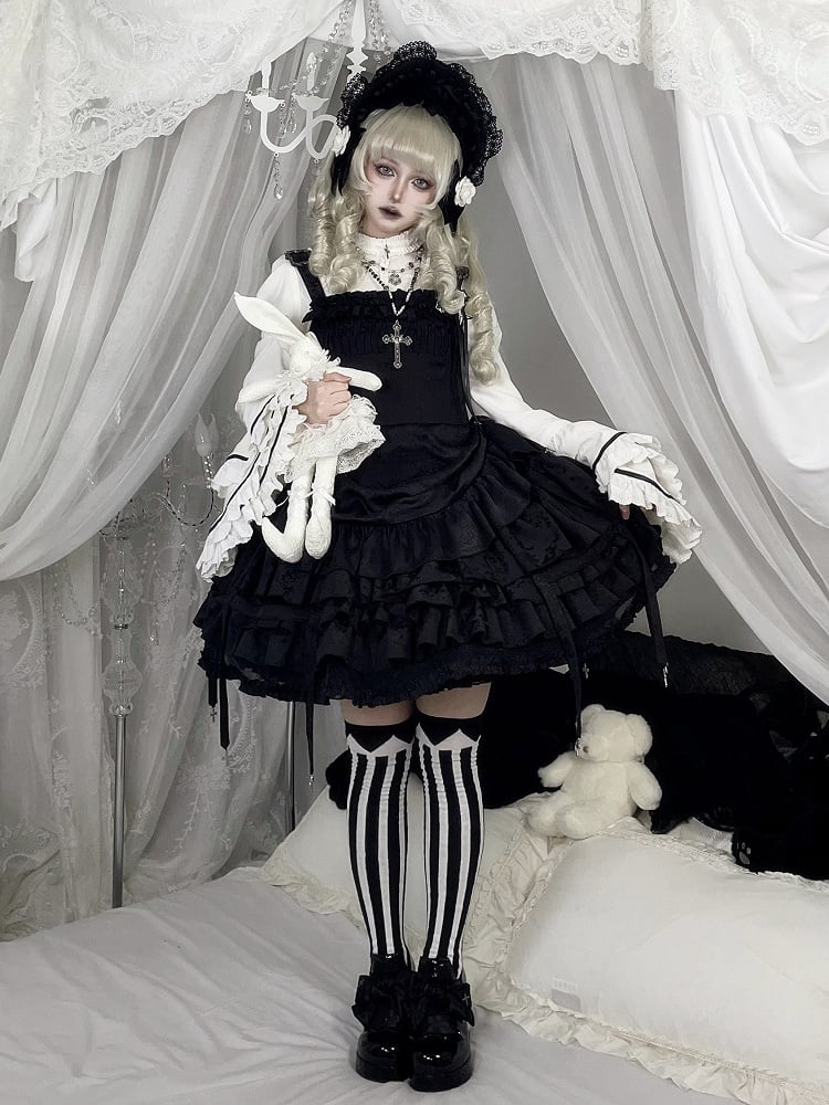 Lolita Tiered Black Ruffle with Waist Birdcage Skirt Dress Boned Gothic JSK