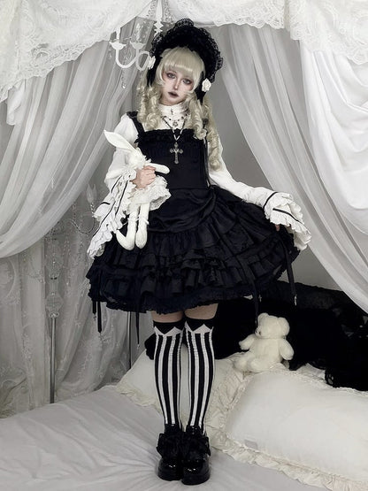 Lolita Tiered Black Ruffle with Waist Birdcage Skirt Dress Boned Gothic JSK