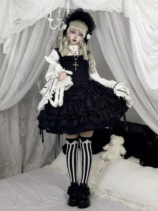 Lolita Tiered Black Ruffle with Waist Birdcage Skirt Dress Boned Gothic JSK