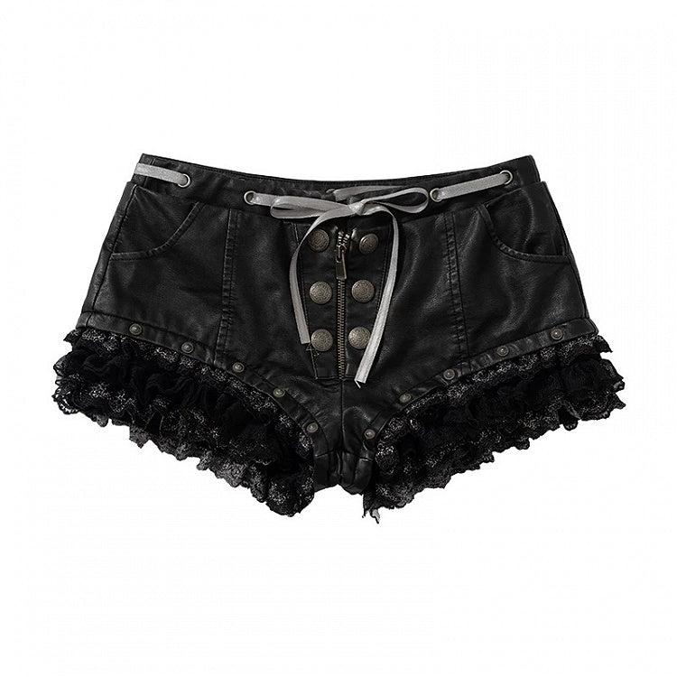 Black Faux Leather Shorts with Lace Trimmed Hems - NO ROMANCE