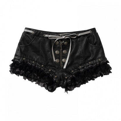 Black Faux Leather Shorts with Lace Trimmed Hems - NO ROMANCE
