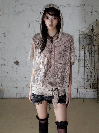 Dusty Pink Distressed Hooded Batwing Knit Top - NO ROMANCE