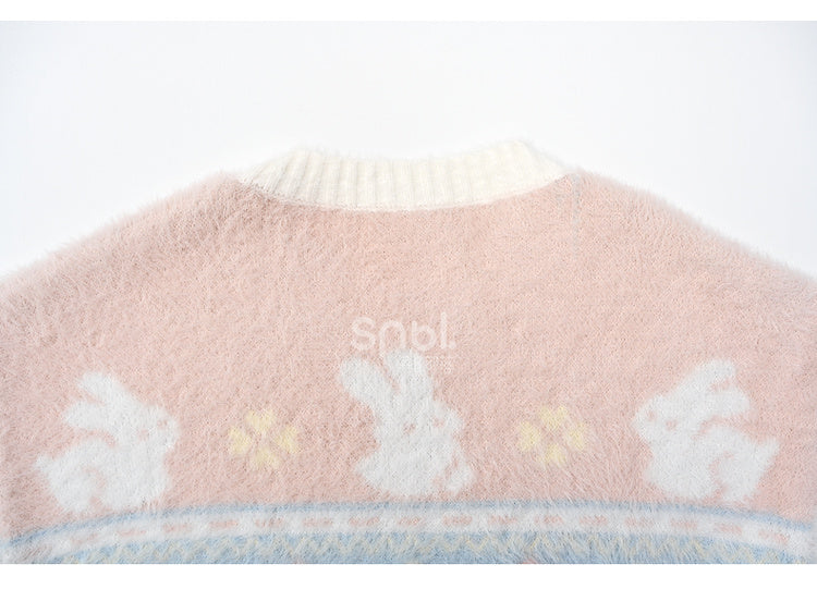 ピンクのかわいいウサギ柄ラウンドネックソフトセーター