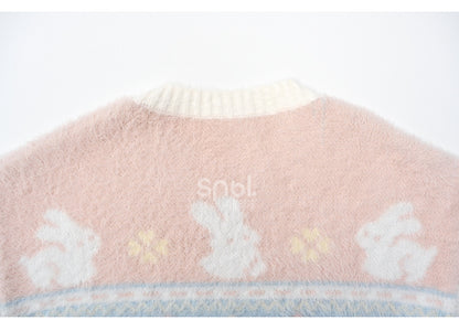 ピンクのかわいいウサギ柄ラウンドネックソフトセーター