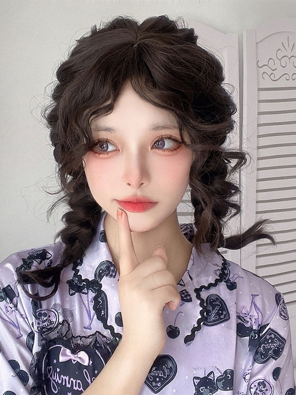 Schwarzbraune 40 cm schulterlange lockige Perücke mit Pony