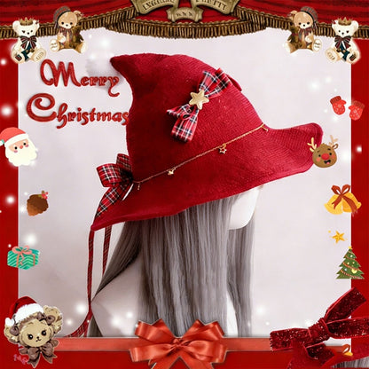 Bow Hat Plaid Pointed Red Decorated