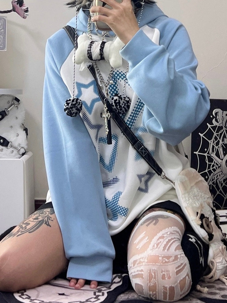 Blue-White Hoodie with Cross & Heart Print - Alita26SS