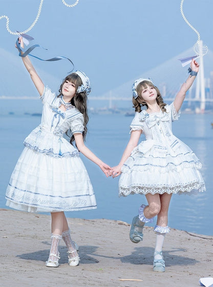 Ivory and Azure Stitched Sailor Gown with Detachable Collar - Honey Machine