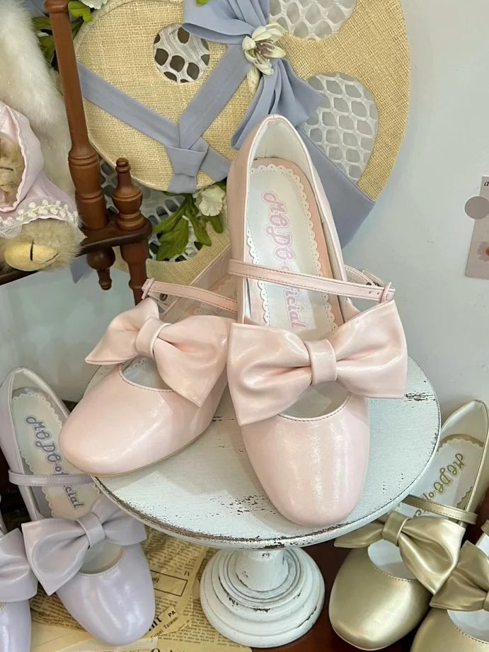 Bow in Pink Elegant Mid-heel Shoes Jane Mary Top Lolita at Buckle Heart PU