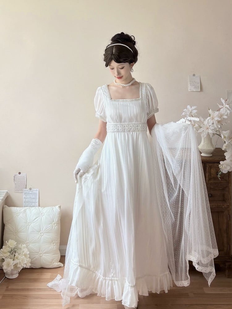 White Square Neckline Empire Dress Lolita OP with Bead Details - sanshanjiu