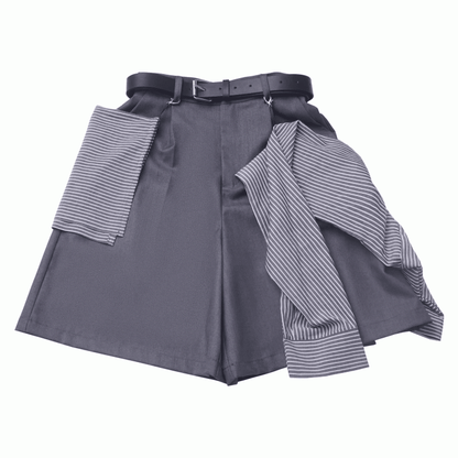 アクセサリーバックルベルトとストライプグレーのショートパンツカジュアル