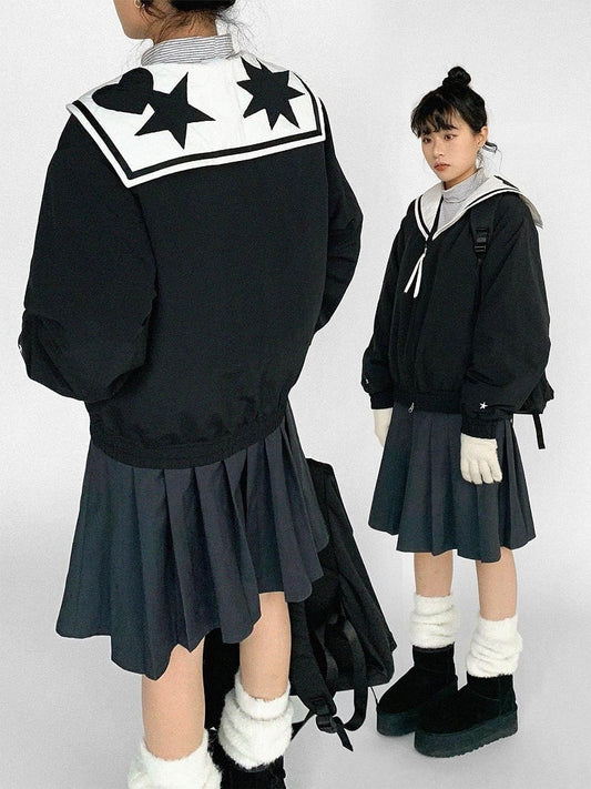 Star Collar Front with Black Sailor White Jacket Zipper - Patches Heart