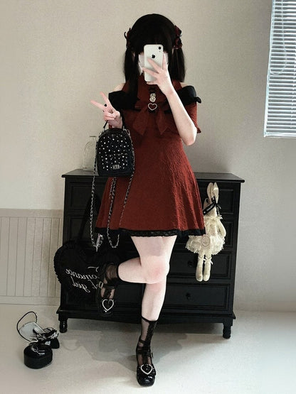 Cutout Shoulder Jacquard Dress with Ruffles, Bow Details, 4 Shades - Kitty Bxllet