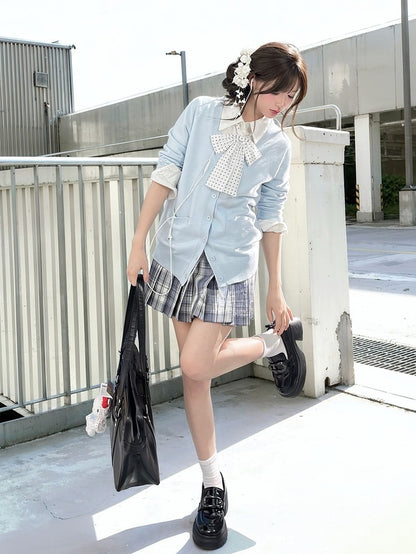 42CM/45CM/48CM JK Uniform Pleated Skirt White Plaid Preppy Style Gray