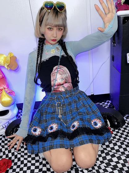 and Blue Trim Plaid Ruffle Y2K Punk Skirt Lace Eye with Embroidery