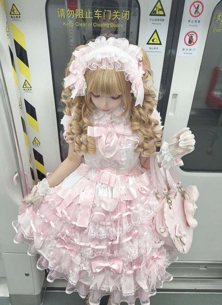 Lolita Heart-shaped Princess Jumper Pink Skirt Layered White Hanayome Decoration and Dress Bows