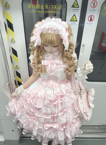 Lolita Heart-shaped Princess Jumper Pink Skirt Layered White Hanayome Decoration and Dress Bows