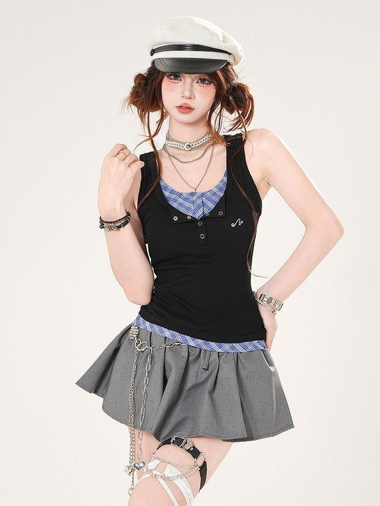 Tank Top Schwarz und Blau Plaid Faux Zweiteiler Slim-Fit