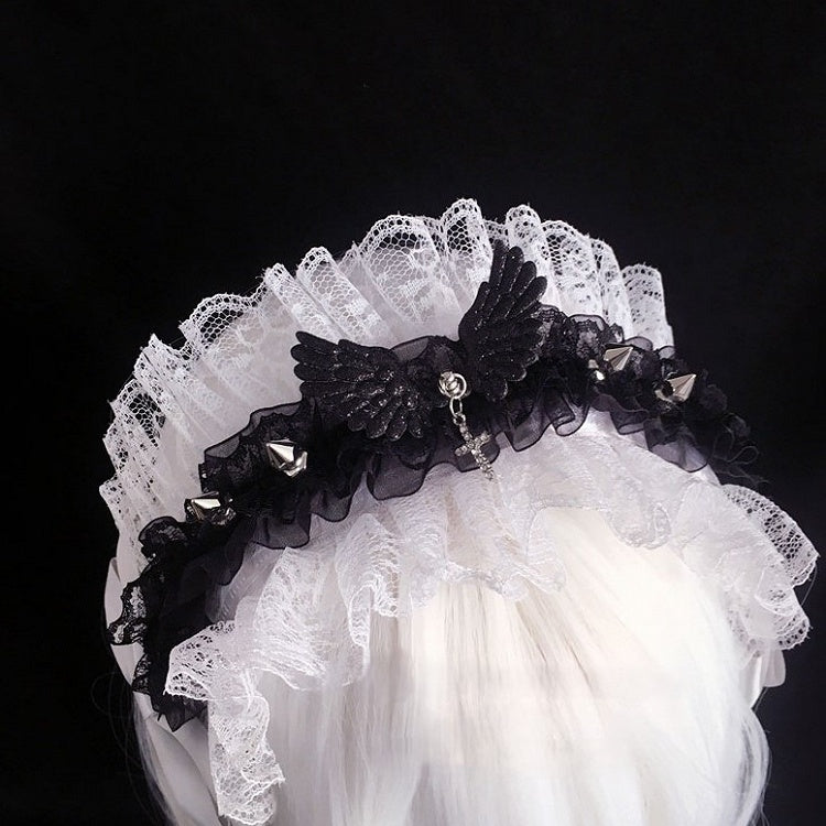 Hairband Wing Lace Cross Details Black/White decorated Studs Bow with