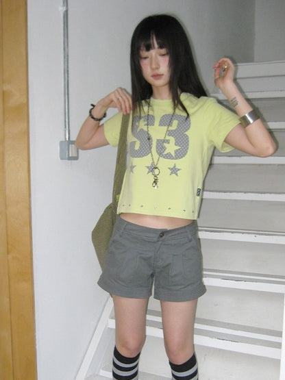 Lemon Yellow Round Neck Tee with Letter Print and Stars - innomoood