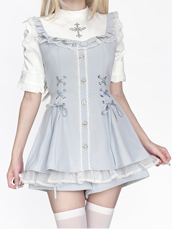 Tie a Shorts Gothic Jirai Featuring Set Blue Bib Light Lace-Up Dress Bow Details Kei