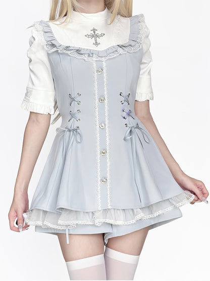 Tie a Shorts Gothic Jirai Featuring Set Blue Bib Light Lace-Up Dress Bow Details Kei