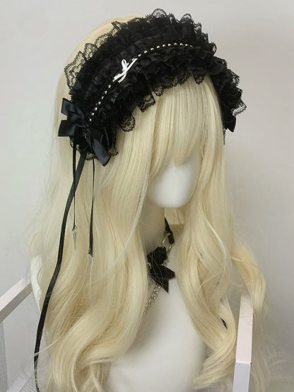 Details Decorated Hairband Ruffled Black/White Bowknot Studs