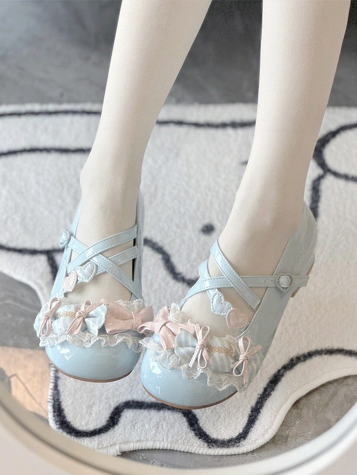 Toe Candy Round Shoes Low Mary Bows Jane Lolita Sweet Blue Heel - with